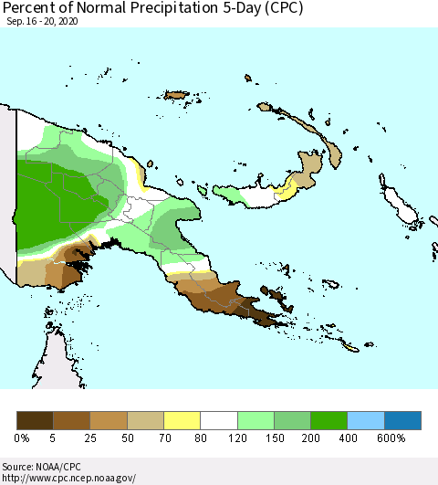 Papua New Guinea Percent of Normal Precipitation 5-Day (CPC) Thematic Map For 9/16/2020 - 9/20/2020