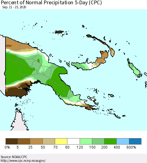 Papua New Guinea Percent of Normal Precipitation 5-Day (CPC) Thematic Map For 9/21/2020 - 9/25/2020