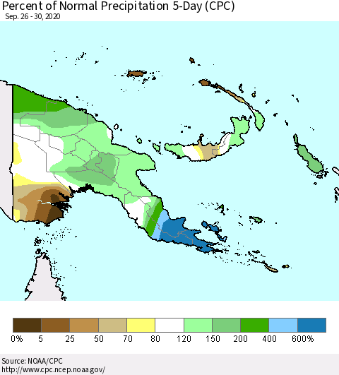 Papua New Guinea Percent of Normal Precipitation 5-Day (CPC) Thematic Map For 9/26/2020 - 9/30/2020