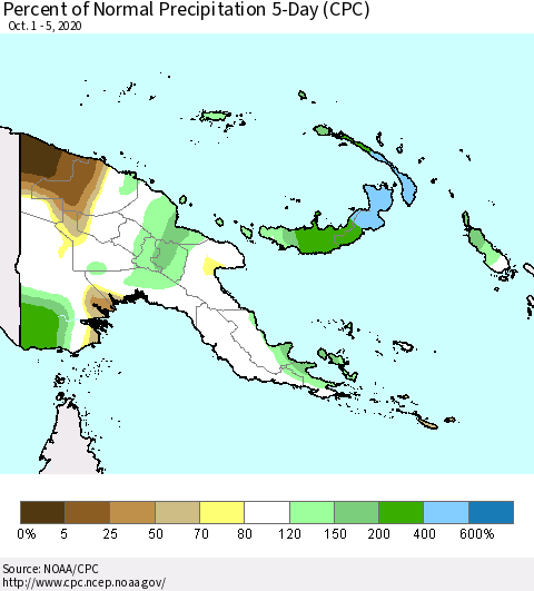 Papua New Guinea Percent of Normal Precipitation 5-Day (CPC) Thematic Map For 10/1/2020 - 10/5/2020