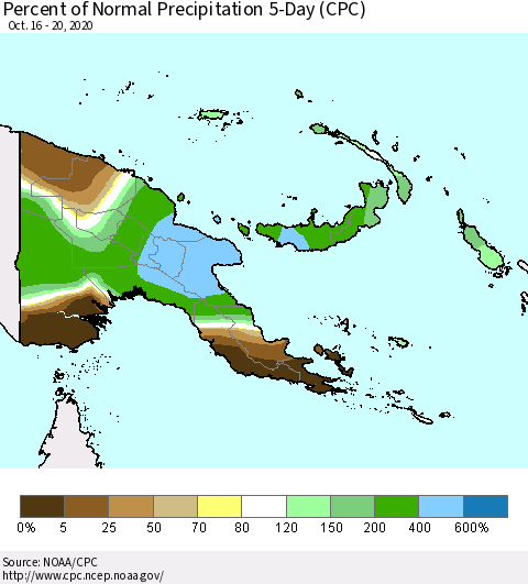 Papua New Guinea Percent of Normal Precipitation 5-Day (CPC) Thematic Map For 10/16/2020 - 10/20/2020