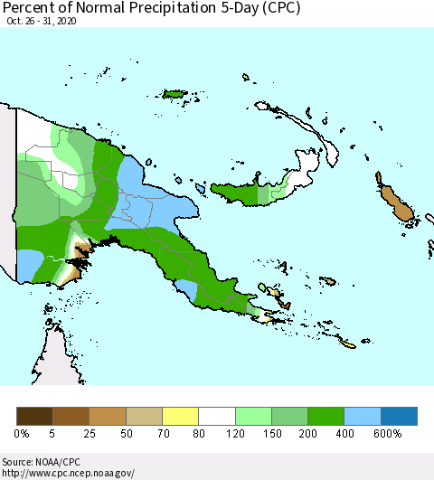 Papua New Guinea Percent of Normal Precipitation 5-Day (CPC) Thematic Map For 10/26/2020 - 10/31/2020