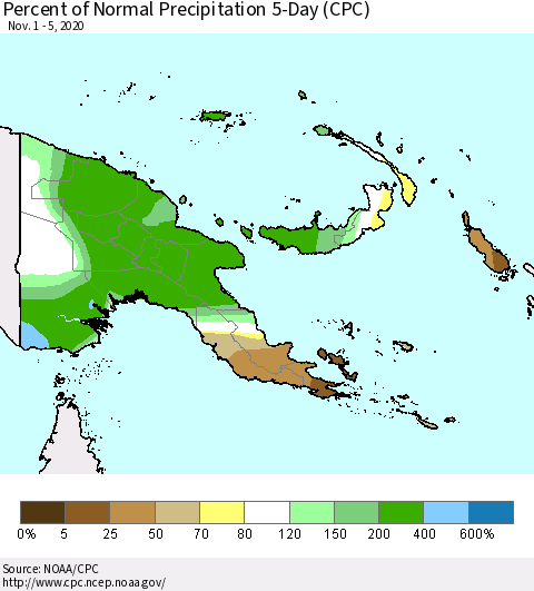 Papua New Guinea Percent of Normal Precipitation 5-Day (CPC) Thematic Map For 11/1/2020 - 11/5/2020