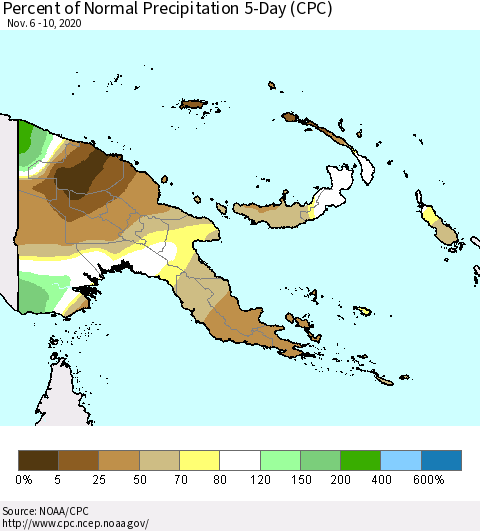 Papua New Guinea Percent of Normal Precipitation 5-Day (CPC) Thematic Map For 11/6/2020 - 11/10/2020