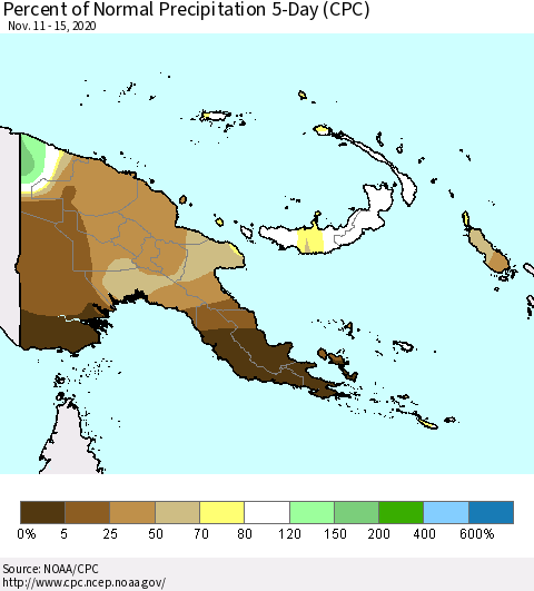 Papua New Guinea Percent of Normal Precipitation 5-Day (CPC) Thematic Map For 11/11/2020 - 11/15/2020