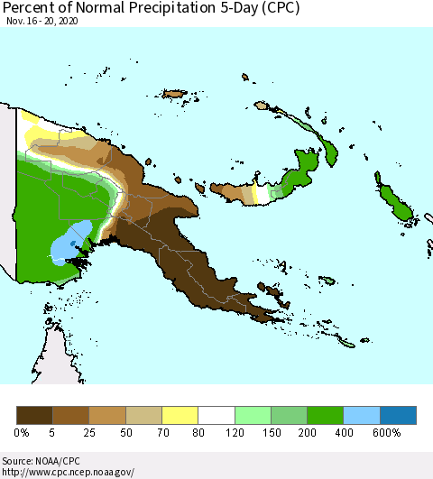 Papua New Guinea Percent of Normal Precipitation 5-Day (CPC) Thematic Map For 11/16/2020 - 11/20/2020