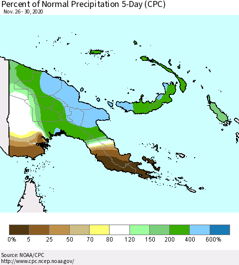 Papua New Guinea Percent of Normal Precipitation 5-Day (CPC) Thematic Map For 11/26/2020 - 11/30/2020