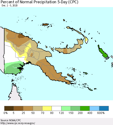Papua New Guinea Percent of Normal Precipitation 5-Day (CPC) Thematic Map For 12/1/2020 - 12/5/2020