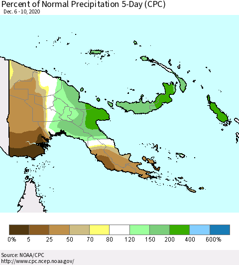 Papua New Guinea Percent of Normal Precipitation 5-Day (CPC) Thematic Map For 12/6/2020 - 12/10/2020