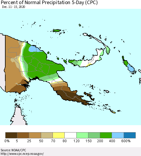 Papua New Guinea Percent of Normal Precipitation 5-Day (CPC) Thematic Map For 12/11/2020 - 12/15/2020