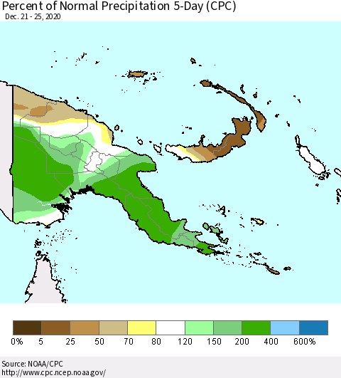 Papua New Guinea Percent of Normal Precipitation 5-Day (CPC) Thematic Map For 12/21/2020 - 12/25/2020