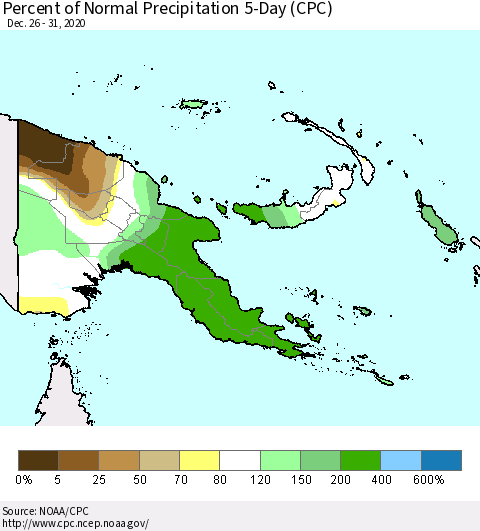 Papua New Guinea Percent of Normal Precipitation 5-Day (CPC) Thematic Map For 12/26/2020 - 12/31/2020