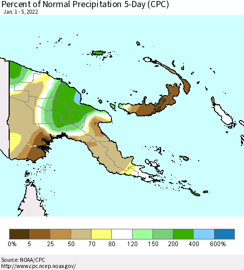 Papua New Guinea Percent of Normal Precipitation 5-Day (CPC) Thematic Map For 1/1/2022 - 1/5/2022