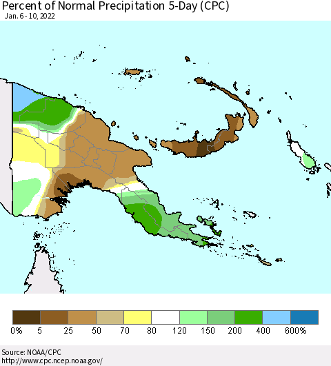 Papua New Guinea Percent of Normal Precipitation 5-Day (CPC) Thematic Map For 1/6/2022 - 1/10/2022