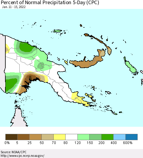Papua New Guinea Percent of Normal Precipitation 5-Day (CPC) Thematic Map For 1/11/2022 - 1/15/2022