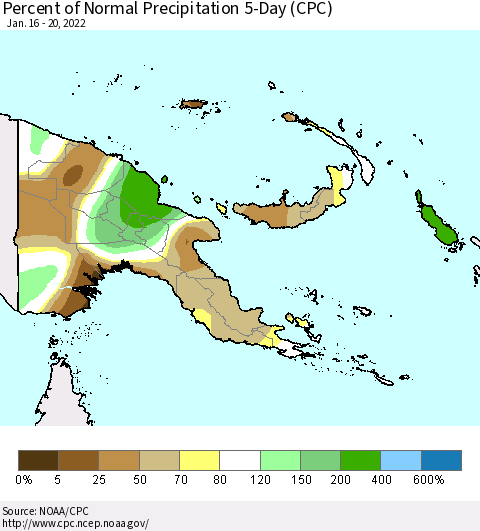 Papua New Guinea Percent of Normal Precipitation 5-Day (CPC) Thematic Map For 1/16/2022 - 1/20/2022