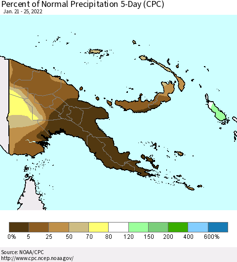Papua New Guinea Percent of Normal Precipitation 5-Day (CPC) Thematic Map For 1/21/2022 - 1/25/2022