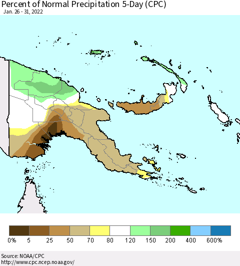 Papua New Guinea Percent of Normal Precipitation 5-Day (CPC) Thematic Map For 1/26/2022 - 1/31/2022