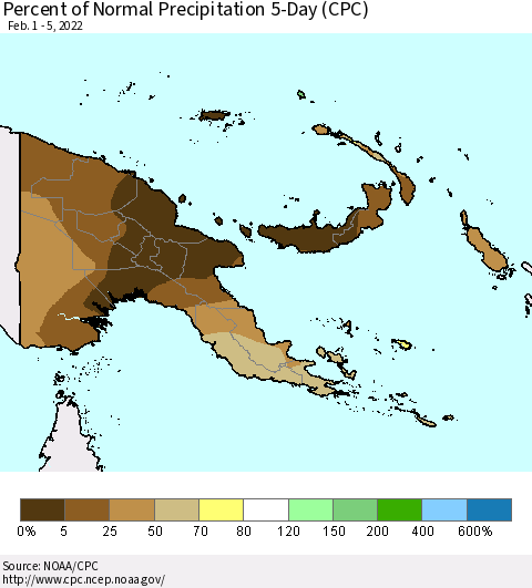 Papua New Guinea Percent of Normal Precipitation 5-Day (CPC) Thematic Map For 2/1/2022 - 2/5/2022