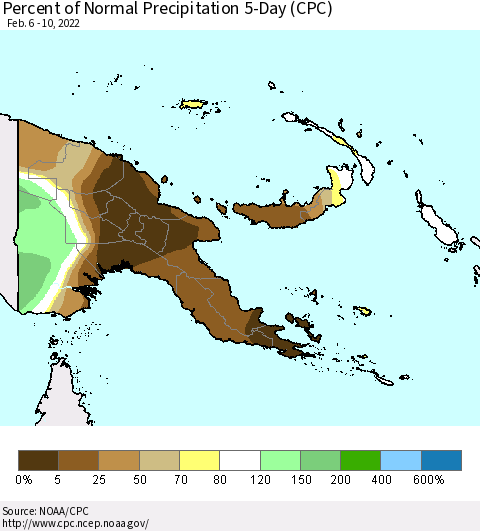 Papua New Guinea Percent of Normal Precipitation 5-Day (CPC) Thematic Map For 2/6/2022 - 2/10/2022