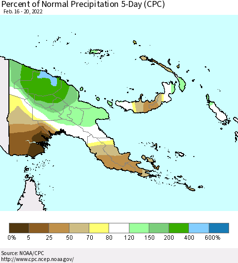Papua New Guinea Percent of Normal Precipitation 5-Day (CPC) Thematic Map For 2/16/2022 - 2/20/2022
