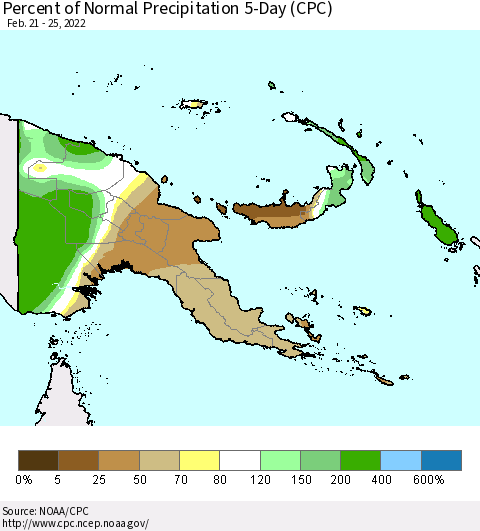 Papua New Guinea Percent of Normal Precipitation 5-Day (CPC) Thematic Map For 2/21/2022 - 2/25/2022