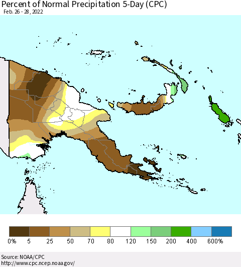 Papua New Guinea Percent of Normal Precipitation 5-Day (CPC) Thematic Map For 2/26/2022 - 2/28/2022