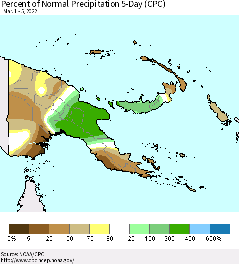Papua New Guinea Percent of Normal Precipitation 5-Day (CPC) Thematic Map For 3/1/2022 - 3/5/2022