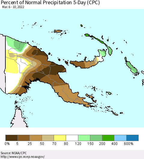 Papua New Guinea Percent of Normal Precipitation 5-Day (CPC) Thematic Map For 3/6/2022 - 3/10/2022