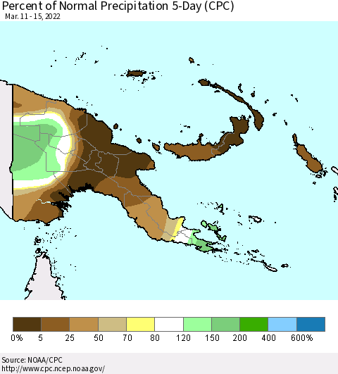 Papua New Guinea Percent of Normal Precipitation 5-Day (CPC) Thematic Map For 3/11/2022 - 3/15/2022