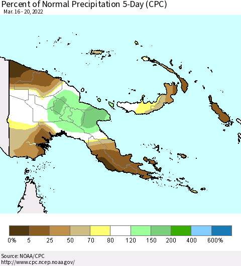 Papua New Guinea Percent of Normal Precipitation 5-Day (CPC) Thematic Map For 3/16/2022 - 3/20/2022