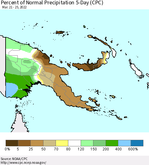 Papua New Guinea Percent of Normal Precipitation 5-Day (CPC) Thematic Map For 3/21/2022 - 3/25/2022