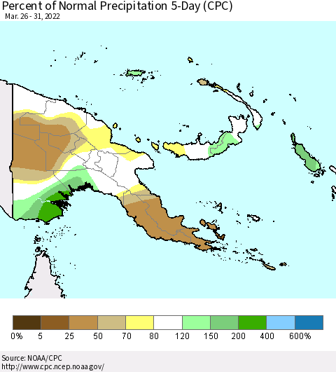 Papua New Guinea Percent of Normal Precipitation 5-Day (CPC) Thematic Map For 3/26/2022 - 3/31/2022