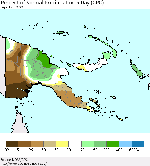 Papua New Guinea Percent of Normal Precipitation 5-Day (CPC) Thematic Map For 4/1/2022 - 4/5/2022