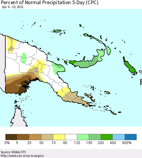 Papua New Guinea Percent of Normal Precipitation 5-Day (CPC) Thematic Map For 4/6/2022 - 4/10/2022