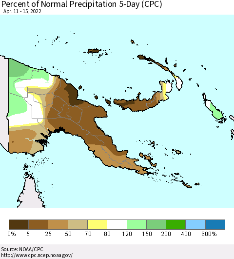 Papua New Guinea Percent of Normal Precipitation 5-Day (CPC) Thematic Map For 4/11/2022 - 4/15/2022