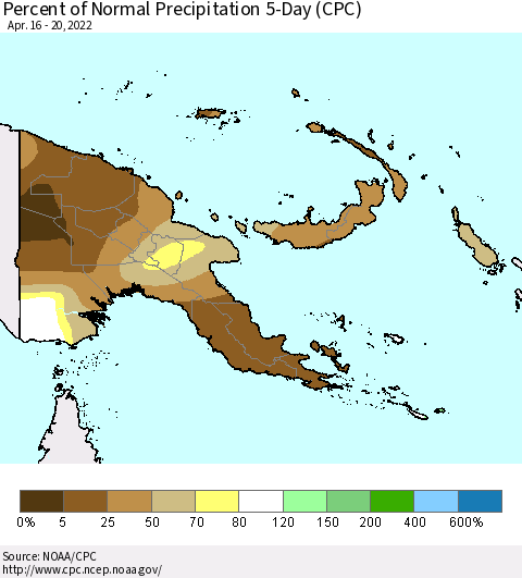 Papua New Guinea Percent of Normal Precipitation 5-Day (CPC) Thematic Map For 4/16/2022 - 4/20/2022