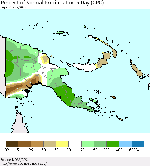 Papua New Guinea Percent of Normal Precipitation 5-Day (CPC) Thematic Map For 4/21/2022 - 4/25/2022