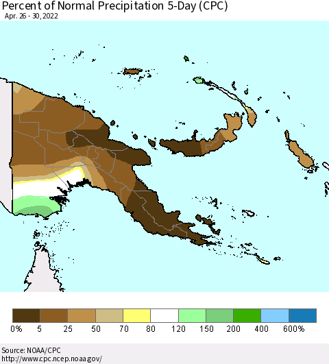 Papua New Guinea Percent of Normal Precipitation 5-Day (CPC) Thematic Map For 4/26/2022 - 4/30/2022