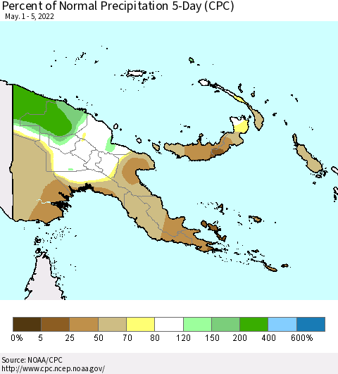Papua New Guinea Percent of Normal Precipitation 5-Day (CPC) Thematic Map For 5/1/2022 - 5/5/2022