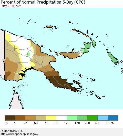Papua New Guinea Percent of Normal Precipitation 5-Day (CPC) Thematic Map For 5/6/2022 - 5/10/2022