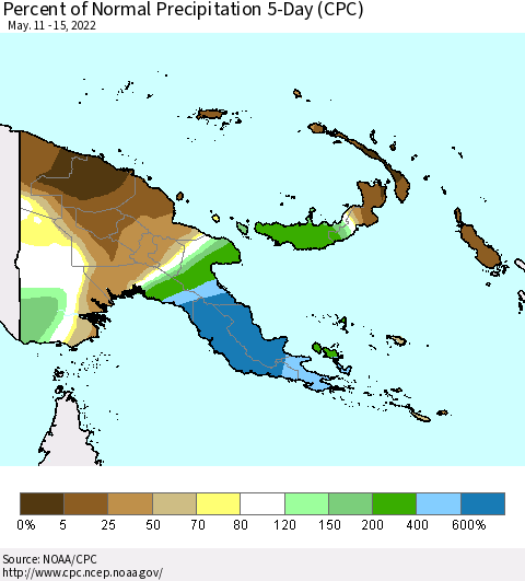 Papua New Guinea Percent of Normal Precipitation 5-Day (CPC) Thematic Map For 5/11/2022 - 5/15/2022
