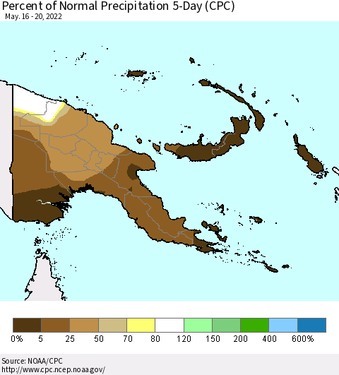 Papua New Guinea Percent of Normal Precipitation 5-Day (CPC) Thematic Map For 5/16/2022 - 5/20/2022