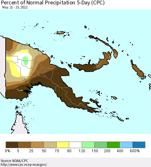 Papua New Guinea Percent of Normal Precipitation 5-Day (CPC) Thematic Map For 5/21/2022 - 5/25/2022