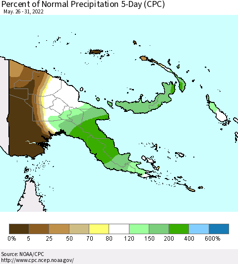 Papua New Guinea Percent of Normal Precipitation 5-Day (CPC) Thematic Map For 5/26/2022 - 5/31/2022