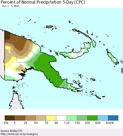 Papua New Guinea Percent of Normal Precipitation 5-Day (CPC) Thematic Map For 6/1/2022 - 6/5/2022