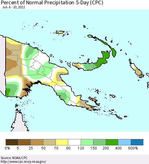 Papua New Guinea Percent of Normal Precipitation 5-Day (CPC) Thematic Map For 6/6/2022 - 6/10/2022