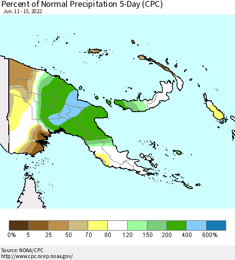 Papua New Guinea Percent of Normal Precipitation 5-Day (CPC) Thematic Map For 6/11/2022 - 6/15/2022