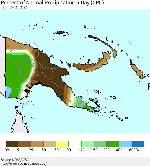 Papua New Guinea Percent of Normal Precipitation 5-Day (CPC) Thematic Map For 6/16/2022 - 6/20/2022