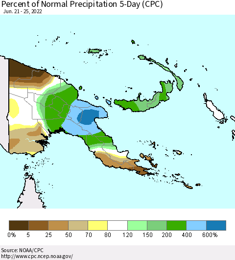 Papua New Guinea Percent of Normal Precipitation 5-Day (CPC) Thematic Map For 6/21/2022 - 6/25/2022